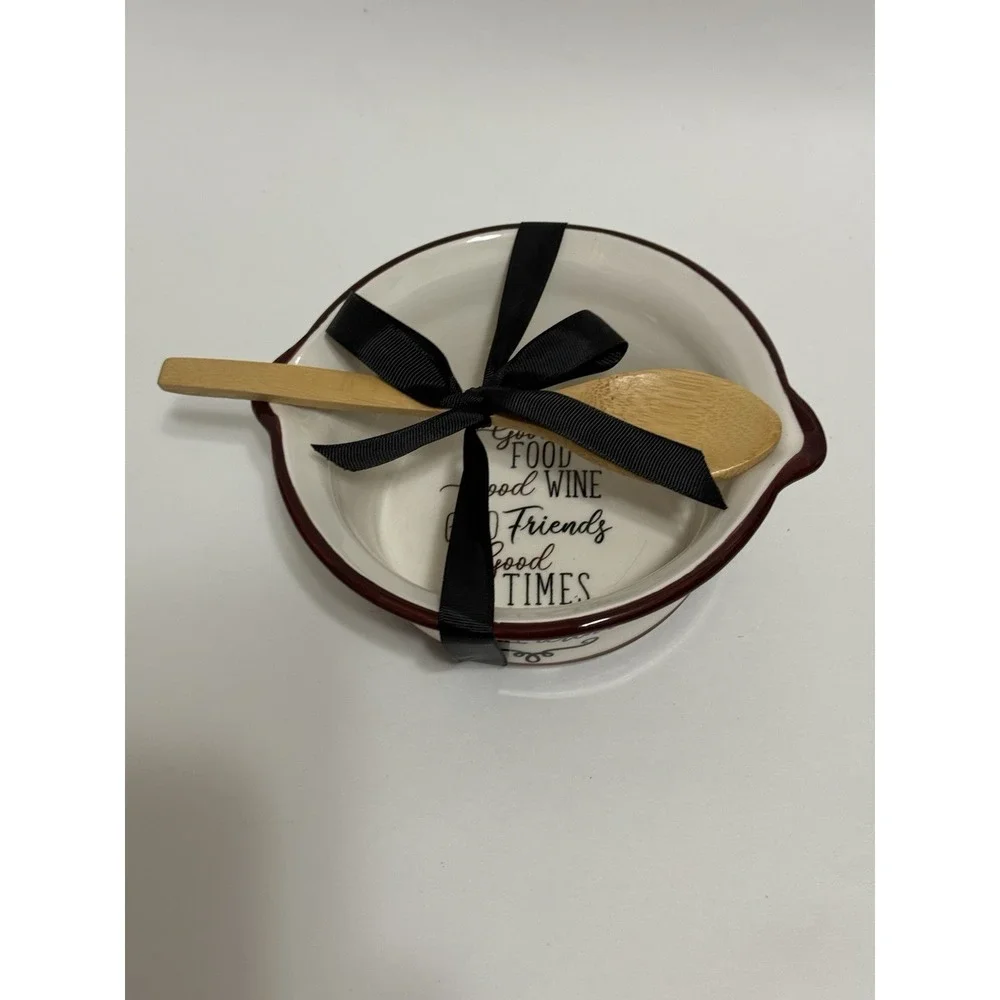 Appetizer Ceramic Bowl‎ Bake Serve Wooden Spoon Good Food/Good Wine/Good Friends